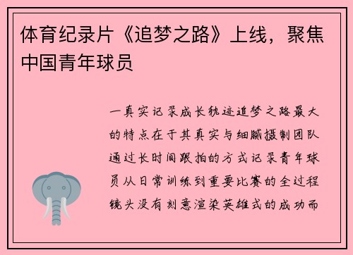 体育纪录片《追梦之路》上线，聚焦中国青年球员
