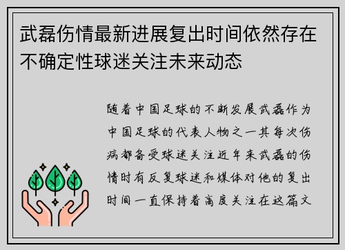 武磊伤情最新进展复出时间依然存在不确定性球迷关注未来动态